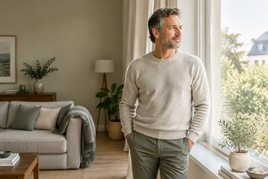 Man in lichte trui staat ontspannen bij het raam in zijn woonkamer
