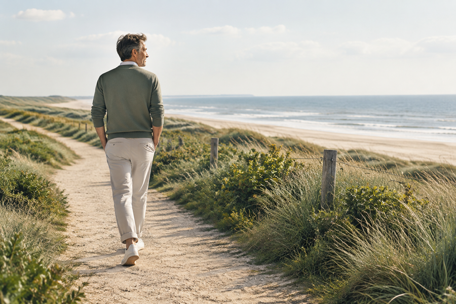 Man wandelt over een zandpad door de duinen langs de kust