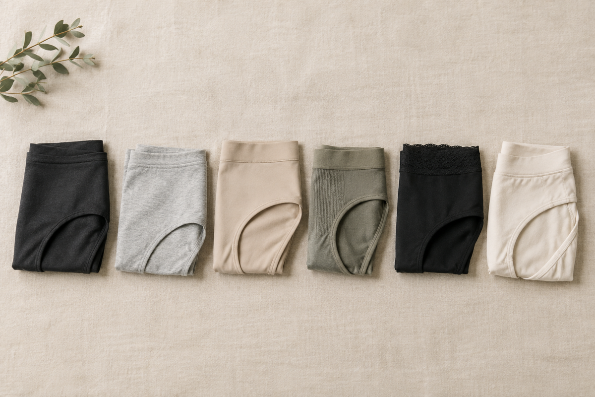 Zes opgevouwen slips in verschillende neutrale kleuren liggen naast elkaar