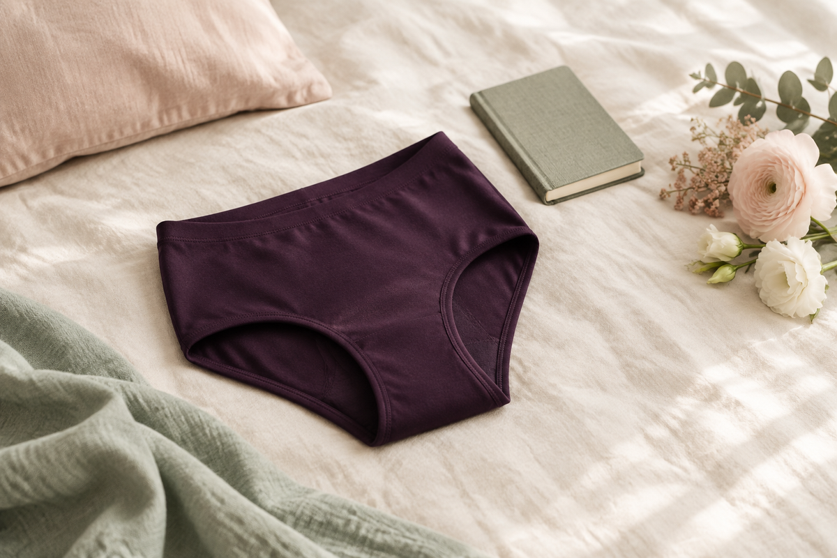 Donkerpaarse slip ligt naast een notitieboek en bloemen op een bed