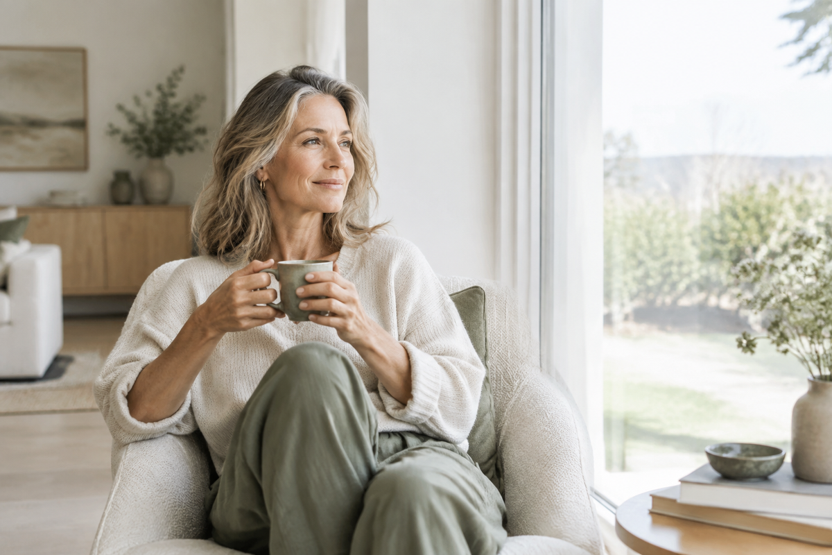 Vrouw met grijs haar houdt een kopje vast bij het raam