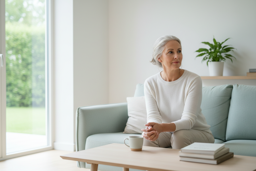 Vrouw met grijs haar zit rustig op de bank bij een raam