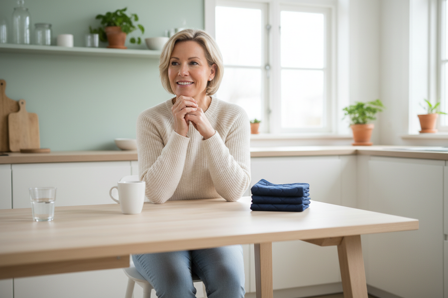 Vrouw zit met een kopje aan tafel naast een stapel donker ondergoed